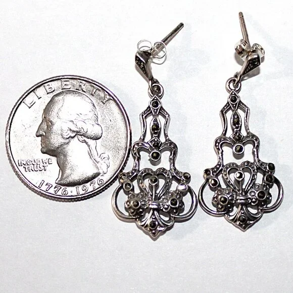 Sterling Silver Art Deco Chandelier Marcasite Earrings - Picture 3 of 5
